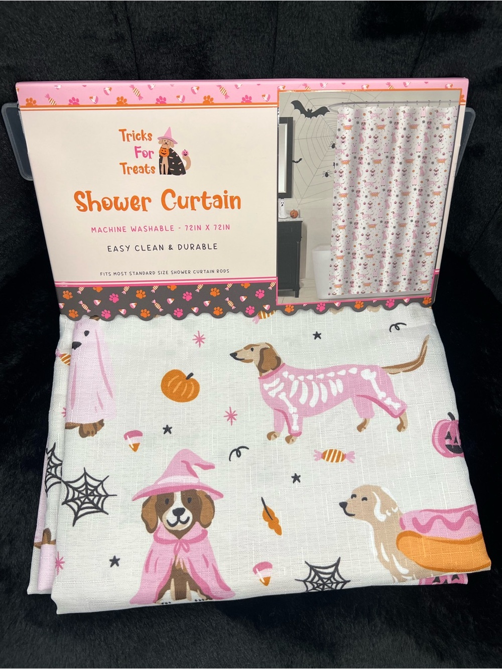 Pink Dachshund Pug Halloween Fabric Shower Curtain